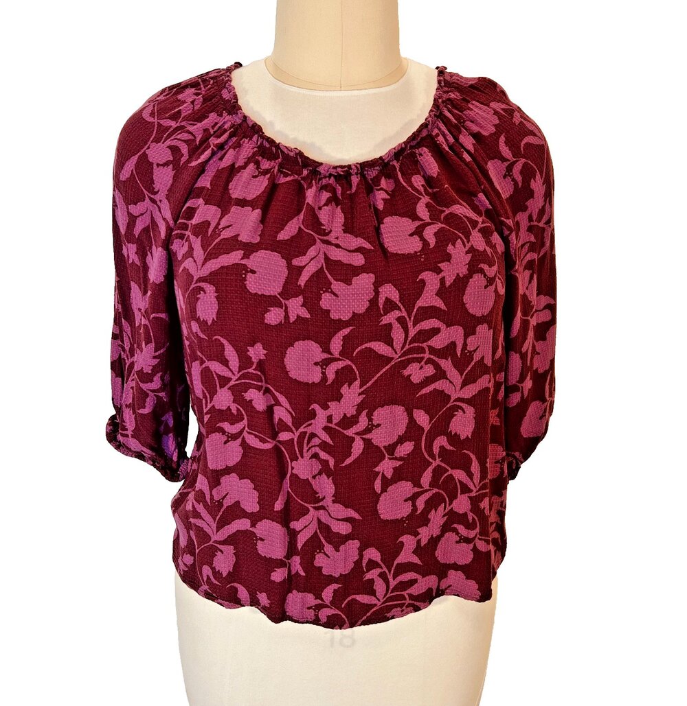 Knox Rose Blouse Womens L Peasant Top Burgundy Purple Floral 3/4 Balloon Sleeve